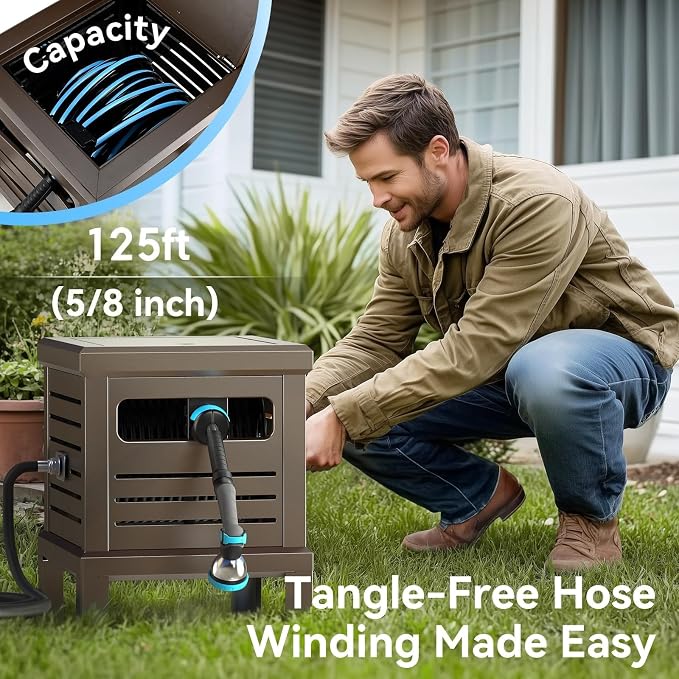 Relhost Hose Reel, Heavy Duty Metal Deck Box Hideaway Holds 125 ft x 5/8" Hose - Image 3