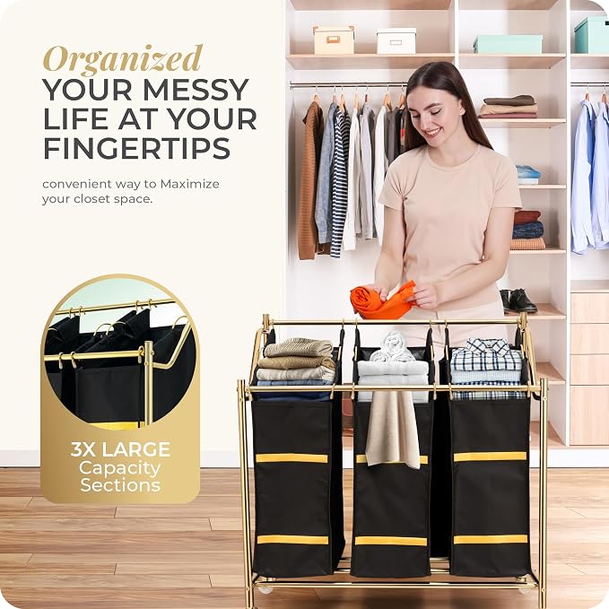 LUXURY STYLE Laundry Hamper, 3-Section Rolling Laundry Sorter Cart - Image 6