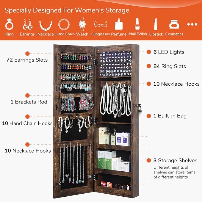 GISSAR Full Length Mirror Jewelry Cabinet, 6 LEDs Jewelry Armoire Wall Mounted - Image 4