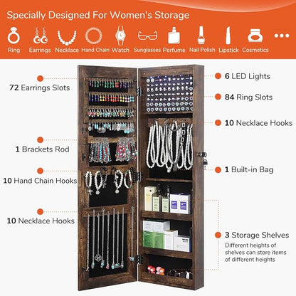 GISSAR Full Length Mirror Jewelry Cabinet, 6 LEDs Jewelry Armoire Wall Mounted - Image 4