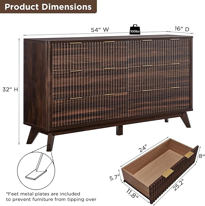 T4TREAM Fluted 6 Drawers Dresser, Curved Profile Design, Dresser TV Stand - Image 2