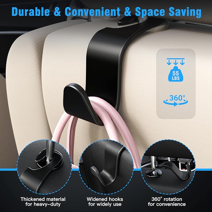 Amooca 4-Pack Car Headrest Hooks –Holds 55lbs Vehicle Storage Organizer - Image 5