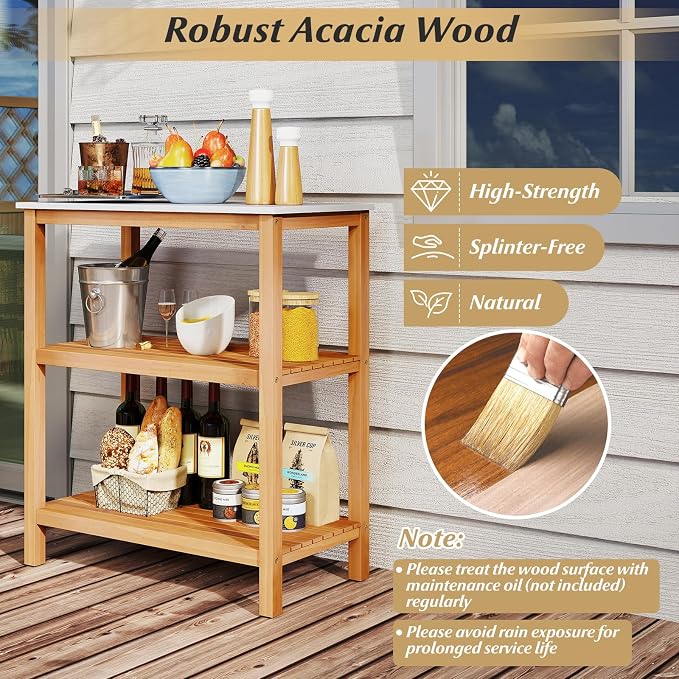 Goplus Patio Wooden Sideboard, 3-Tier Acacia Outdoor Kitchen Buffet Organizer - Image 6