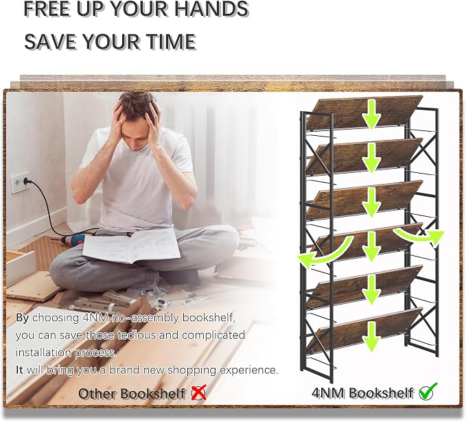 4NM Extra Wide 6 Tiers No Assembly Book Shelves, 61.8" H Folding Bookshelf - Image 7