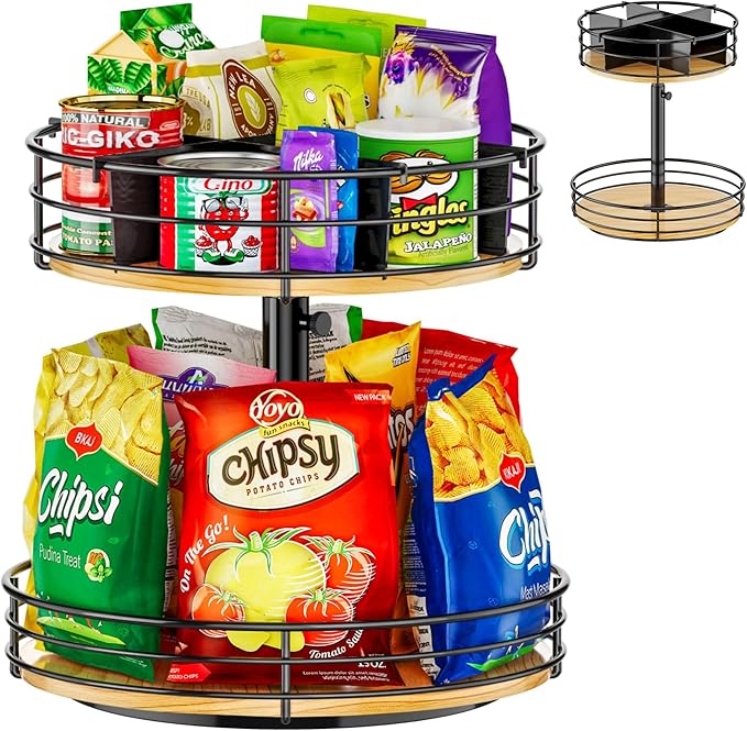 2 Tier Lazy Susan Snack Organizer, Adjustable Height, Wood Rotating Spice Rack by HISKIWUU