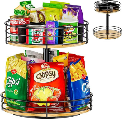 2 Tier Lazy Susan Snack Organizer, Adjustable Height, Wood Rotating Spice Rack by HISKIWUU