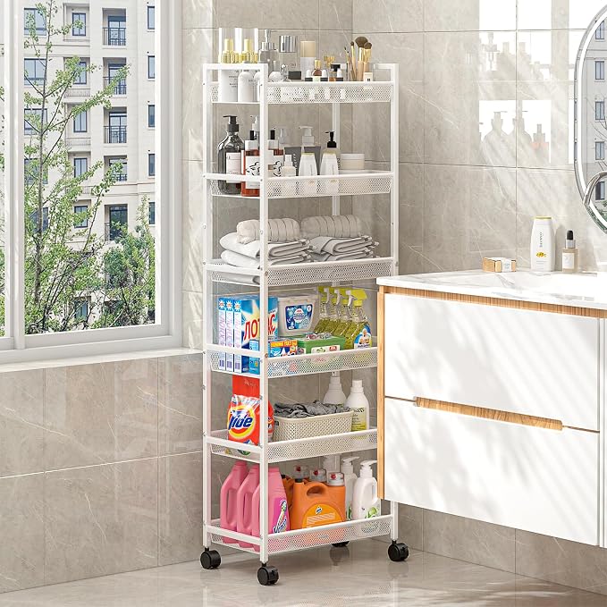 6 Tier Slim Rolling Storage Cart, Narrow Mobile Shelving Unit Organizer Utility - Image 6
