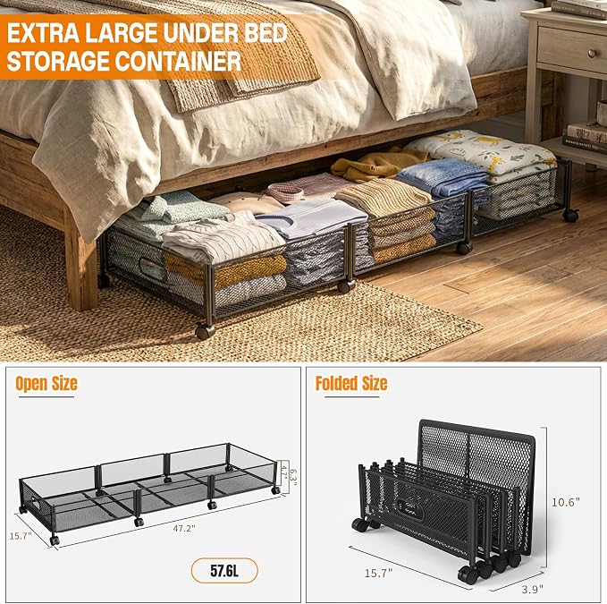 Under Bed Storage With Wheels, 47.2''/90lbs/57.6L, Metal Frame Under Bed - Image 5