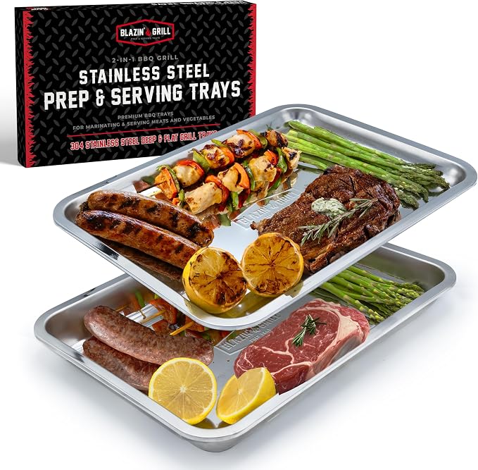 BLAZIN' GRILL Prep and Serving Trays | Set of 2 Stackable, Stainless Steel BBQ by BlazinGrill