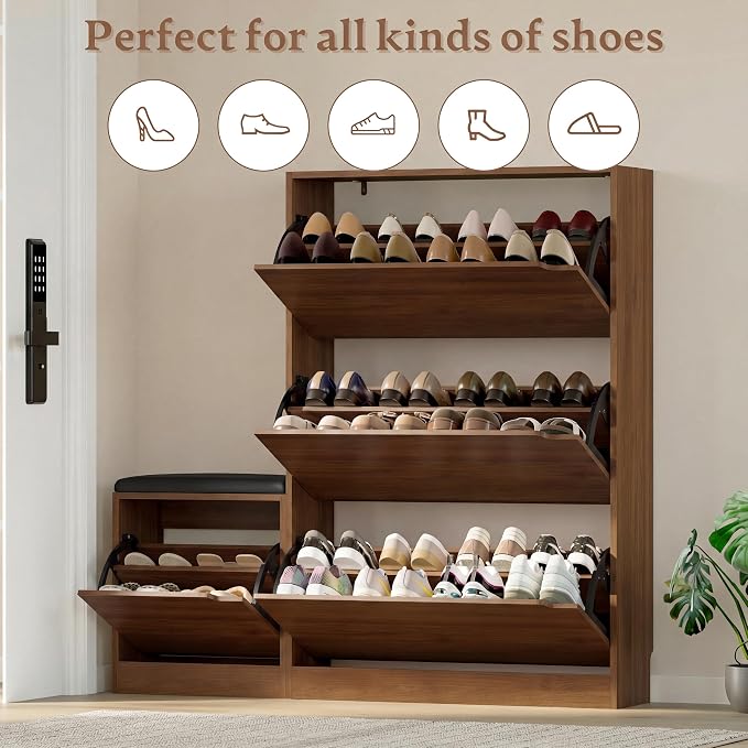 BORNOON Shoe Cabinet with Bench and 3 Flip Drawers, Slim Narrow Shoe Storage - Image 4