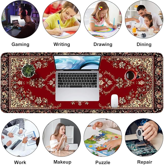 Red Vintage Persian Rug Mouse Pad – Large Extended Desk Mat 31.5 x 11.8 in– - Image 9