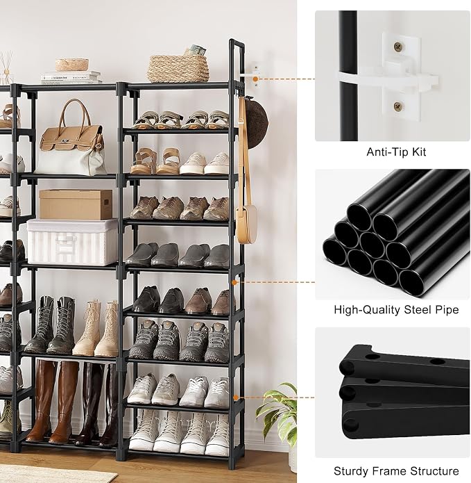 WOWLIVE 9 Tier 3-Column Shoe Rack, 50-55 Pairs Stackable Black | 50in long - Image 7