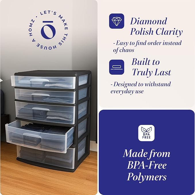 HOMZ Plastic 5 Drawer Wide Storage Tower - Image 4