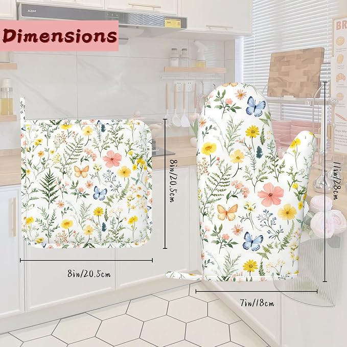 Wildflowers Oven Mitts and Pot Holders, Vintage Plants Herb Flower Butterfly - Image 2