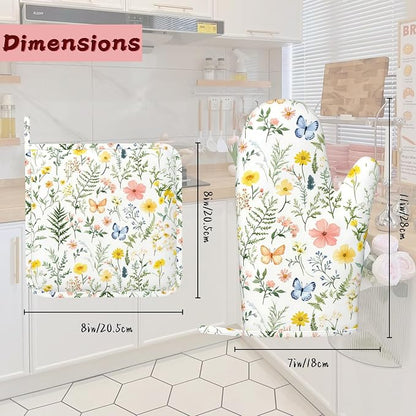 Wildflowers Oven Mitts and Pot Holders, Vintage Plants Herb Flower Butterfly - Image 2