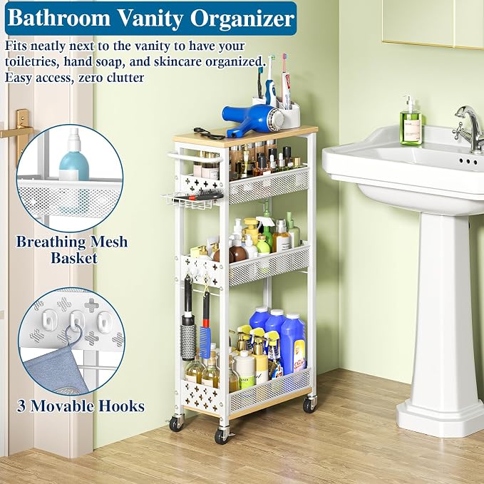 Rolling Slim Storage Cart, 4-Tier Narrow Bathroom Laundry Room Organization Cart - Image 4
