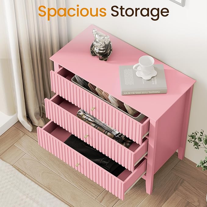 RoyalCraft Fluted 32 inch Wide Nightstand Set of 2, Large Pink Nightstand - Image 3