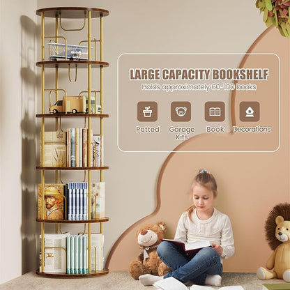 Flycity 5 Tier Rotating Bookshelf, 360° Corner Bookshelf Tower, Round Revolving - Image 5