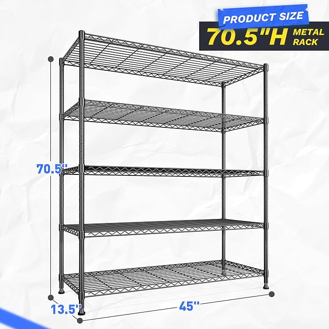 45 "W Storage Shelves 5 Tier Wire Shelving Unit Adjustable Metal Shelving Wire - Image 3