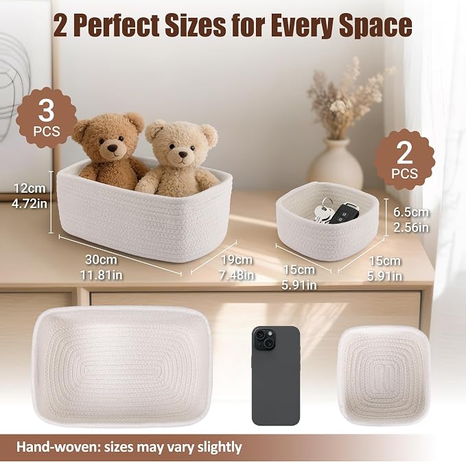 5-Pack Small Woven Rope Storage Baskets, 2 Sizes Organizer Bins | Fabric Cube - Image 2