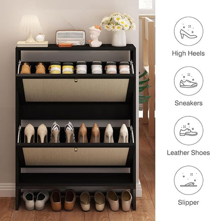 Rattan Shoe Cabinet with 2 Flip Drawers, Simple Setup Hidden Shoe Rack - Image 5
