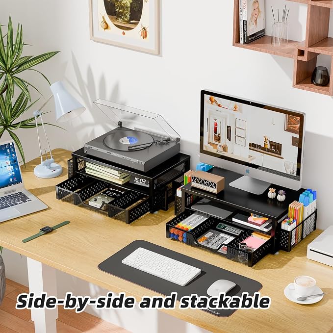 Simple Trending 2-Tier Monitor Stand Riser, Drawer & 2 Pen Holders - Image 2