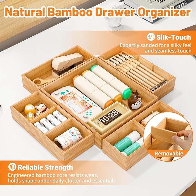 SpaceWhisper Bamboo Drawer Organizer, 10-Piece Drawer Divider - Image 3