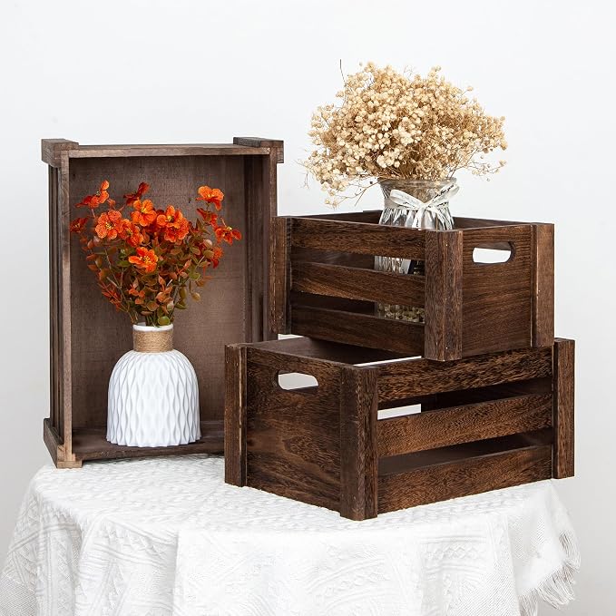 Set of 3 Nesting Wooden Crates, Small Rustic Farmhouse Wood Storage Boxes - Image 6