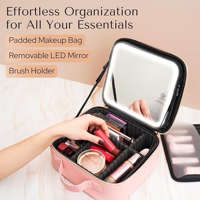 Makeup Bag with LED Mirror – Travel Cosmetic Organizer with Lighted Mirror - Image 2
