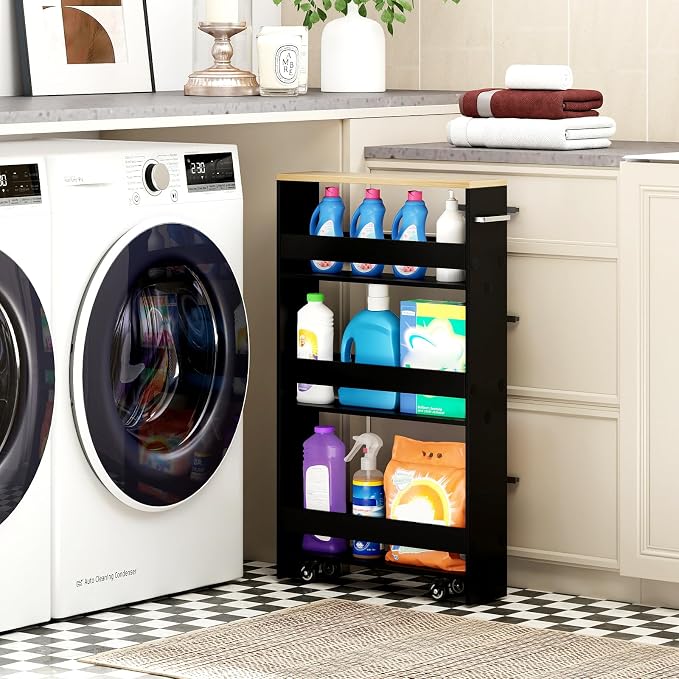Small Kitchen Cart, 4-Tier Slim Rolling Island w/Handle, Laundry Room Storage - Image 9