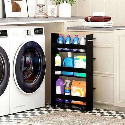 Small Kitchen Cart, 4-Tier Slim Rolling Island w/Handle, Laundry Room Storage - Image 9