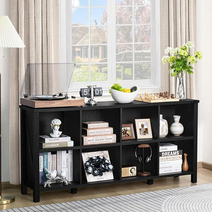 8 Cube Book Shelf, Farmhouse Wood Long Storage Organizer Bookcase, Hallway TV - Image 3