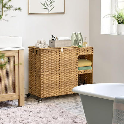 Laundry Hamper with Wheels, 42.3 Gal. Laundry Sorter with Shelves, Rattan - Image 2