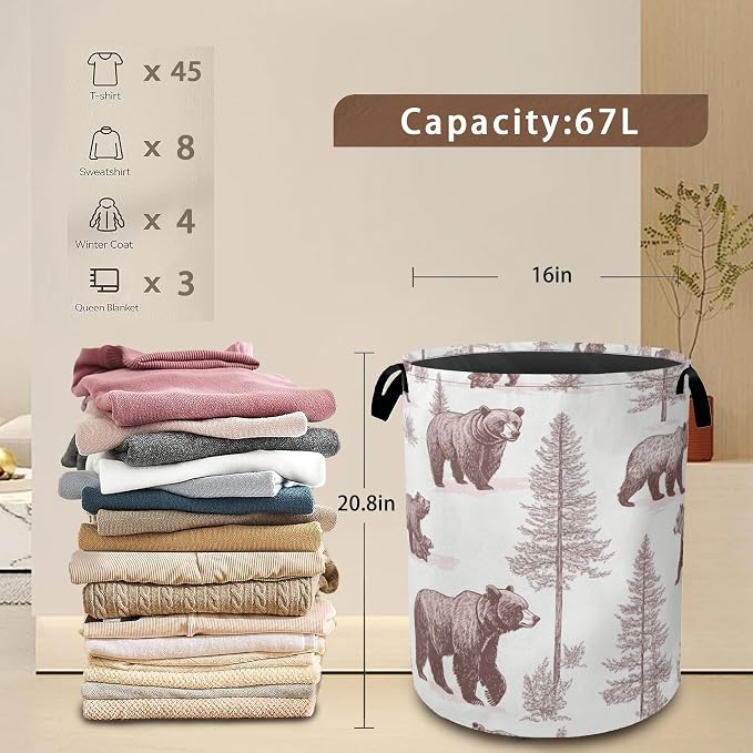 Large Laundry Basket, Retro Bear Collapsible Laundry Baskets, Forest Printed - Image 3