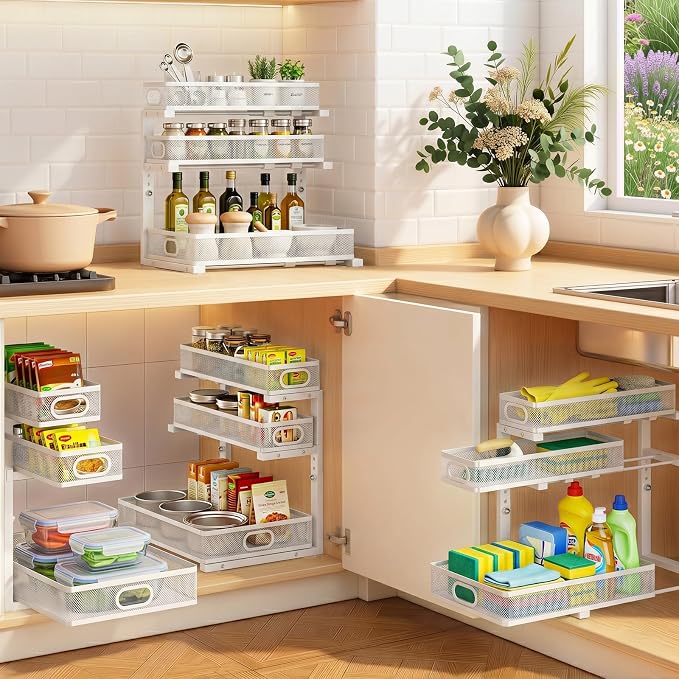 Under Sink Organizer 3 Tier, 2 Pack L-Shaped Pull-Out Cabinet Organizer - Image 9