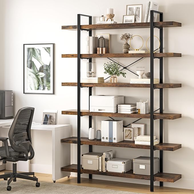 Heavy Duty 6-Tier Industrial Bookcase, 120lbs Shelf Capacity, Rustic Open - Image 6