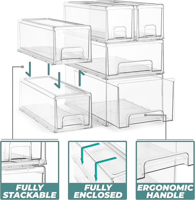 Sorbus 2 Medium & 4 Small Clear Stackable Storage Drawers – Plastic Organizer - Image 4