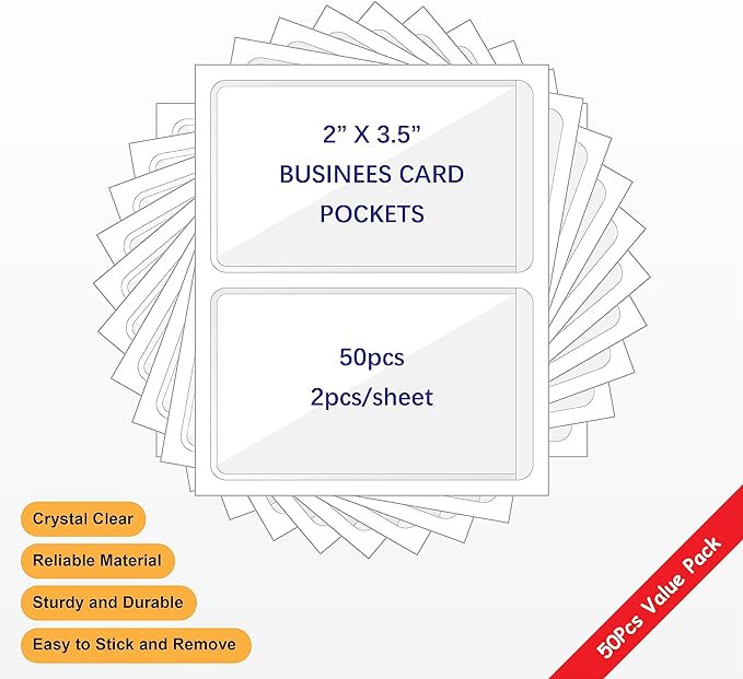 Clear Adhesive Business Card Pockets, 50 Pack | Side Open - Image 2