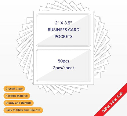 Clear Adhesive Business Card Pockets, 50 Pack | Side Open - Image 2