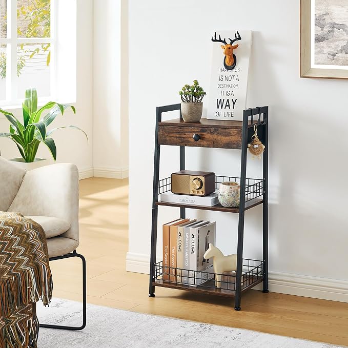 3-Tier Ladder Shelf with Drawer, Bathroom Stand Floor Storage Shelf, - Image 9