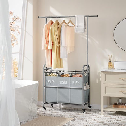 Tajsoon Laundry Sorter with Hanging Bar, 3 Section Rolling Laundry Hamper with - Image 8