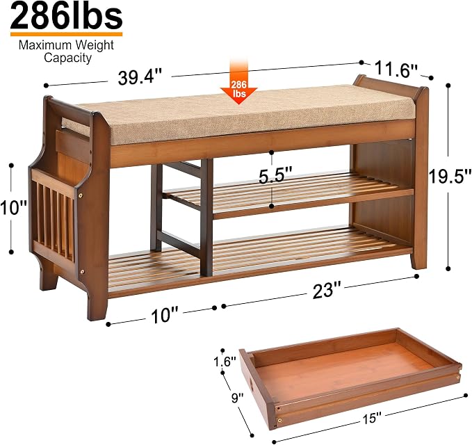 PETKABOO Shoe Bench with Hidden Drawer and Side Holder, 2 Tier Entryway Bench - Image 2