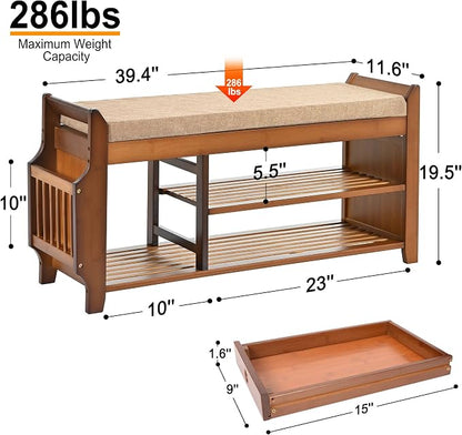 PETKABOO Shoe Bench with Hidden Drawer and Side Holder, 2 Tier Entryway Bench - Image 2