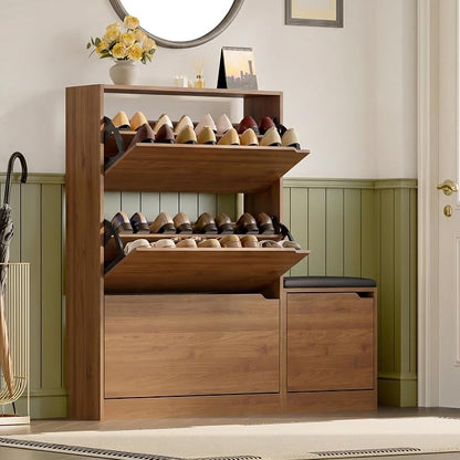 BORNOON Shoe Cabinet with Bench and 3 Flip Drawers, Slim Narrow Shoe Storage - Image 7