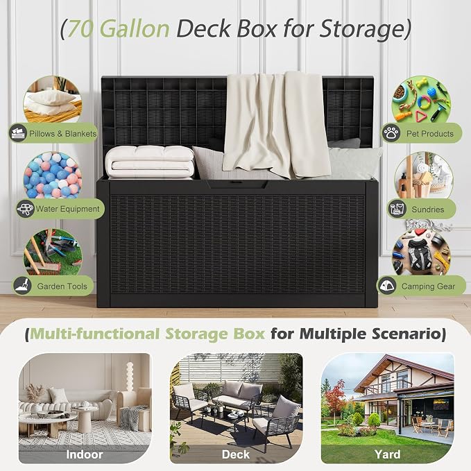 70 Gallon Outdoor Storage Deck Box Waterproof, Large Resin Storage Container - Image 2