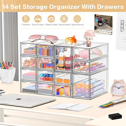 Desk Organizer with 14 Drawers, FODIENS 14 Packs Acrylic Stackable Desktop - Image 3
