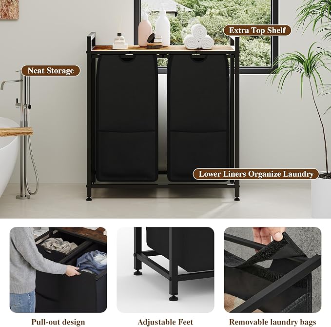 2-Section Laundry Hamper with Shelf, Pull-Out Removable 12.8 gal Bags, Metal - Image 5