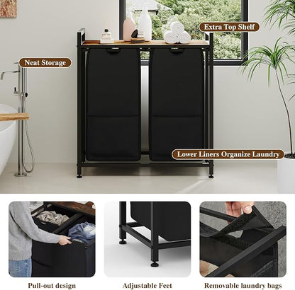 2-Section Laundry Hamper with Shelf, Pull-Out Removable 12.8 gal Bags, Metal - Image 5