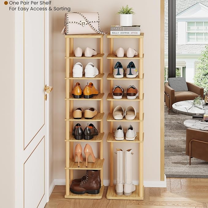 8 Tiers Vertical Shoe Rack Tall Narrow Shoe Tower Corner Shoe Rack, Natural | - Image 3