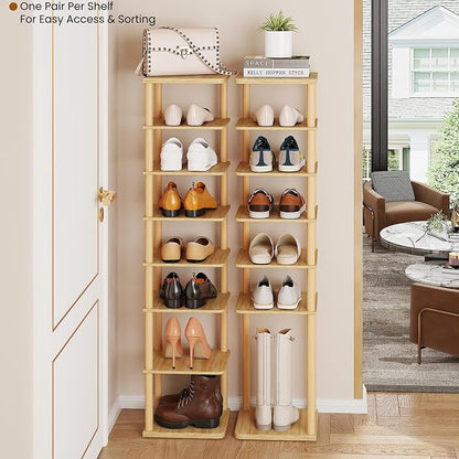 8 Tiers Vertical Shoe Rack Tall Narrow Shoe Tower Corner Shoe Rack, Natural | - Image 3